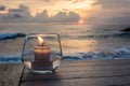 Candle on a table at sunset view cafe, at Sunset Point, Nusa Lembongan, Indonesia Royalty Free Stock Photo