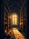 Candlelight casts flickering shadows across a dimly lit library its narrow walls lined with ancient books. Gothic art