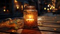 Candlelight glowing on rustic table, autumn decoration for celebration generated by AI Royalty Free Stock Photo