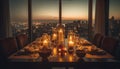 Candlelight illuminates luxurious dusk cityscape celebration meal generated by AI