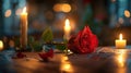 Candlelight and a Rose, a Romantic Setting, side view Royalty Free Stock Photo