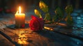 Candlelight and a Rose, a Romantic Setting, side view Royalty Free Stock Photo