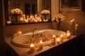 candlelit bathtub surrounded by candles and fresh blooms