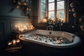 candlelit bathtub surrounded by candles and fresh blooms
