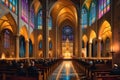 Candlelit Cathedral Interior During a Solemn Mass: Precisely Aligned Pews Filled with Devoted Attendees