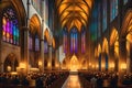 Candlelit Cathedral Interior During a Solemn Mass: Precisely Aligned Pews Filled with Devoted Attendees