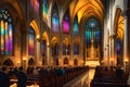 Candlelit Cathedral Interior During a Solemn Mass: Precisely Aligned Pews Filled with Devoted Attendees