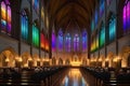 Candlelit Cathedral Interior During a Solemn Mass: Precisely Aligned Pews Filled with Devoted Attendees