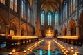 Candlelit Cathedral Interior During a Solemn Mass: Precisely Aligned Pews Filled with Devoted Attendees