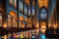 Candlelit Cathedral Interior During a Solemn Mass: Precisely Aligned Pews Filled with Devoted Attendees