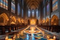 Candlelit Cathedral Interior During a Solemn Mass: Precisely Aligned Pews Filled with Devoted Attendees