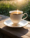 A candlelit Cuban espresso on a saucer resting on a wooden table