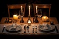 candlelit dinner for two, with wine glasses and plates set upon the table Royalty Free Stock Photo