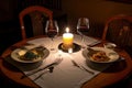 candlelit dinner for two, with wine glasses and plates set upon the table Royalty Free Stock Photo