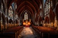 A candlelit evening Thanksgiving ceremony in a historic church, with intricate stained glass windows and a choir performing hymns