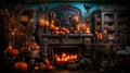 Candlelit pumpkins and a fireplace set a haunting backdrop, accented by a bat statue and decor. Generative AI