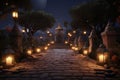 Candlelit Pathway in a Cemetery for Dia de los