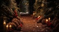 Candlelit Pathway With Pinecones And Red Berries