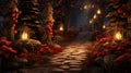 Candlelit Pathway With Pinecones And Red Berries