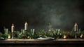 candlelit table with christmas candles in dark wood and darkened room,