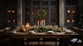 candlelit table with christmas candles in dark wood and darkened room,