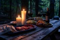 candlelit table with food platters and wine at a forest retreat Royalty Free Stock Photo