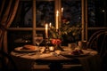 Candlelit table setting for two with a candles and flowers by Generative Ai