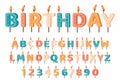 Candles birthday alphabet. Birthday candles ABC letters and numbers, cute alphabet for birthday cake. Birthday candles