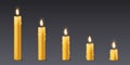 Candle combustion stages set. Realistic isolated elements for animation. Natural candles, wax light, flickering fire Royalty Free Stock Photo