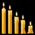 Candles burning. Romantic holiday candlelight different burn stages collection, birthday wax 3d burnout paraffin candle