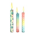 Candles for cake, baking, holiday, rainbow colors with flame. Watercolor illustration. Isolated objects from a large set