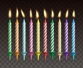 Candles for cake. Realistic vector set of burning colorful striped candles