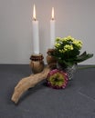 Candles with calanchoe potplant and ranunculus home decoration