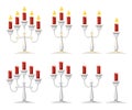 Candles in candlesticks set. Silver candelabra with red burning candles. Flat vector illustration isolated on white background Royalty Free Stock Photo