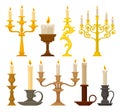 Candles in candlesticks set, vintage candle holders and candelabrums vector Illustration on a white background