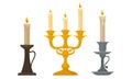 Candles in Candlesticks Vector Set. Vintage Candle Holders and Candelabrums