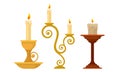 Candles in Candlesticks Vector Set. Vintage Candle Holders and Candelabrums