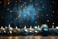 Candles and christmas balls on a blue background with bokeh, 6 Royalty Free Stock Photo