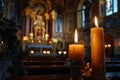 Candles in a church creating a mystical atmosphere.