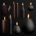 Candles 3D realistic black set flame burning vector transparent background Royalty Free Stock Photo