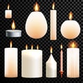 Candles 3D realistic set flame burning vector transparent background Royalty Free Stock Photo