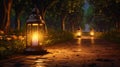 Candles in dark lanterns illuminating the path in the park