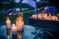 Candles decor on the table at night for wedding celebration. Royalty Free Stock Photo
