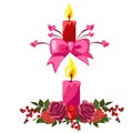 Candles decorated with buds of roses and berries