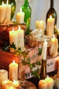 Candles decoration wedding dinner. composition with thick candles on the floor Royalty Free Stock Photo