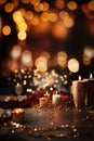 candles and decorations for a christmas table setting with gold, white and red lights Royalty Free Stock Photo