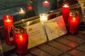 Candles and envelopes with peace messages about Brussels terrorist attacks at Belgium embassy in Madrid, Spain
