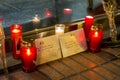 Candles and envelopes with peace messages about Brussels terrorist attacks at Belgium embassy in Madrid, Spain