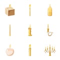 Candles flames icons set, cartoon style