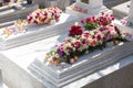 Candles and Flowers over Grave in The Annual Blessing of Graves at Ratchaburi Province, Thailand Royalty Free Stock Photo